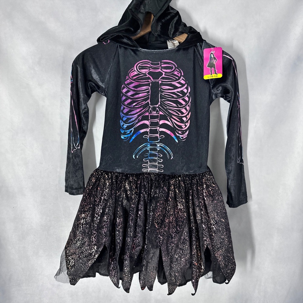 Fun World Velvet Skeleton Tutu Long Sleeve Black Dress Girl's Size L (10-12)